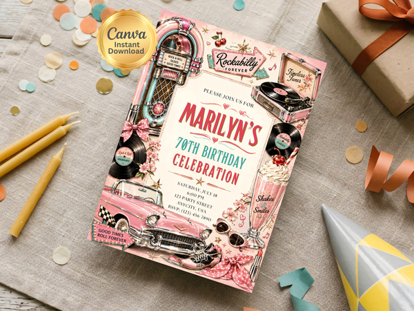 Retro birthday invitation artwork featuring a classic automobile and nostalgic rockabilly party styling.