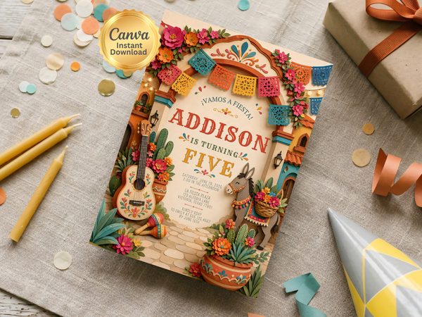 Colorful Mexican-inspired birthday invitation with guitar, cacti, pottery, flowers and festive papel picado party elements