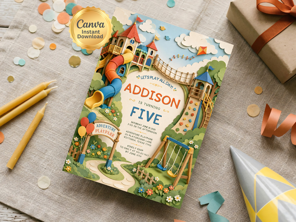 Play park birthday invitation template with a cheerful illustrated landscape, colorful play structures, balloons, garden flowers, and a fun outdoor adventure feel.
