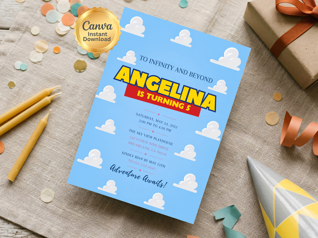 Kids birthday invitation template inspired by a playful space adventure, featuring sky blue background, white clouds and bright accents.