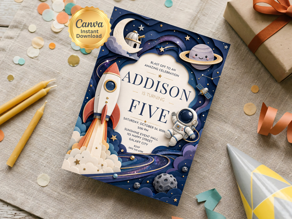 Outer space party invitation design featuring planets, stars, rocket and astronaut artwork with elegant blue typography.