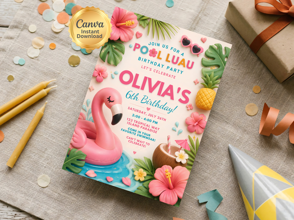 Summer pool luau invitation design with flamingo, tropical foliage and colorful birthday details