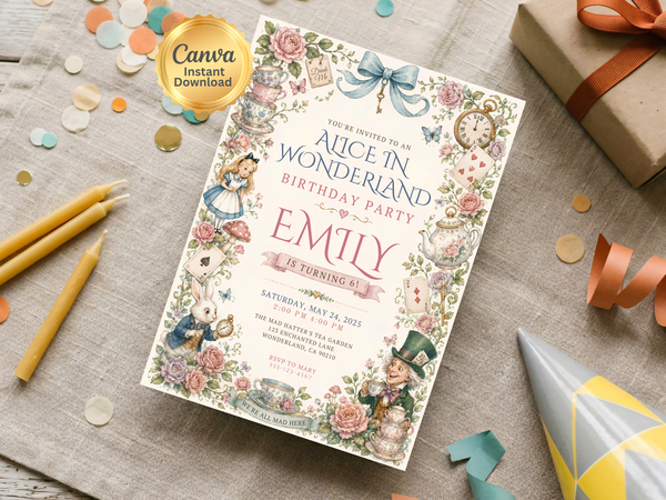Alice in Wonderland birthday invitation close-up highlighting watercolor roses, blue bow, teacups, playing cards and ornate botanical border details