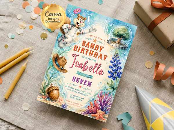 Sandy Cheeks birthday invitation template with ocean adventure imagery, astronaut suit character art, bubbles, coral, shells, greenery, and colorful birthday lettering.