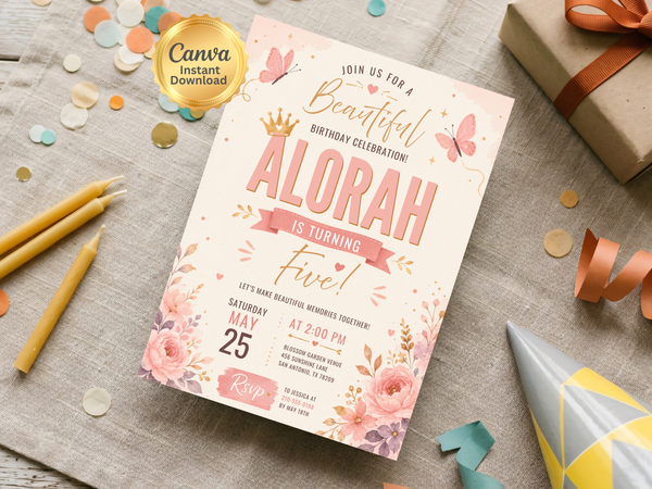 Pastel garden-inspired birthday invitation with delicate butterflies, watercolor blossoms, floral sprays, heart details, and editable name, age, date, time, and venue text.