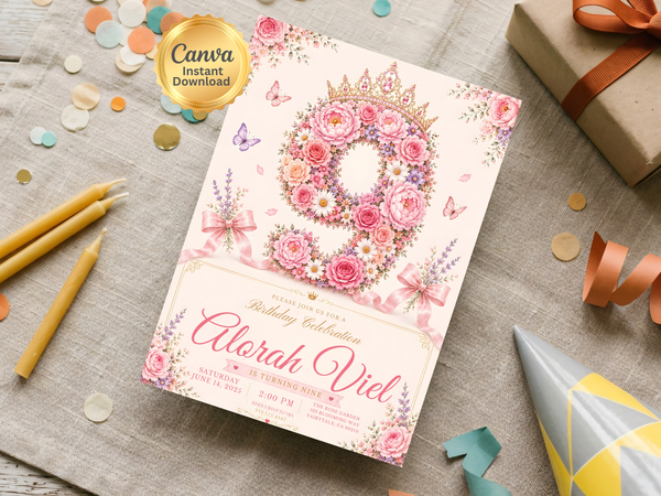 Romantic garden-inspired birthday invitation template with roses, butterflies, satin bows, pastel flowers, and soft botanical decoration