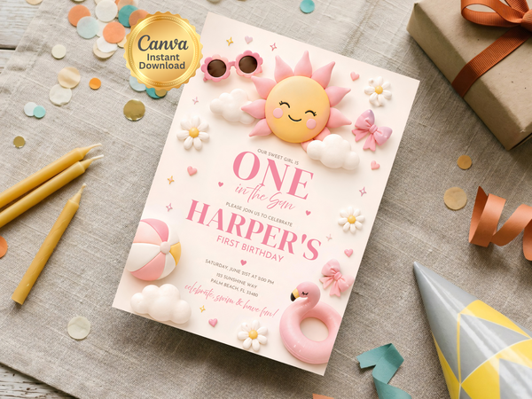 Sunshine-themed birthday invitation template with soft clouds, yellow sun, pink bows, daisies and playful children’s party elements.