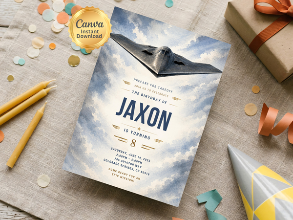 Aviation birthday invite artwork showing a sleek aircraft in a blue watercolor sky, with space for a celebrant name, age and party details.