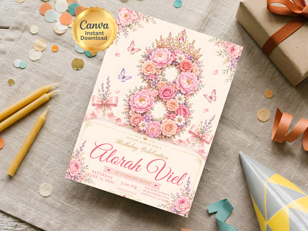 Floral butterfly birthday party invitation artwork with rose blossoms, delicate butterflies, botanical motifs, soft blush and cream tones, and elegant decorative details.