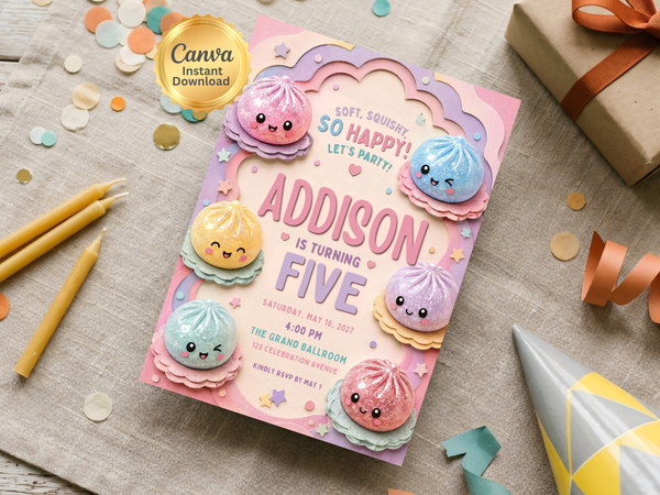 Squishy Dumplings kids birthday invitation artwork in a sweet pastel palette with adorable dumpling characters and cheerful decorative birthday elements.