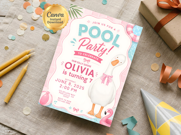 Tropical birthday invitation template for kids featuring a white goose and pink flamingo, pastel pool colors, floating pool accents, confetti and playful summer motifs.