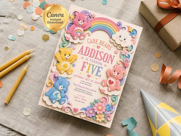 Pastel rainbow Care Bears birthday invitation for children featuring whimsical bear characters, cloud accents, colorful stars, hearts, swirls, and flowers.