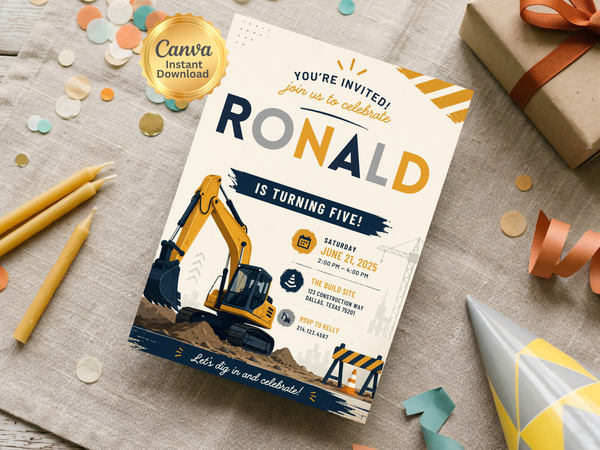 Digital construction birthday invitation artwork with excavator imagery, dirt and roadwork details, yellow and navy accents, and editable wording.