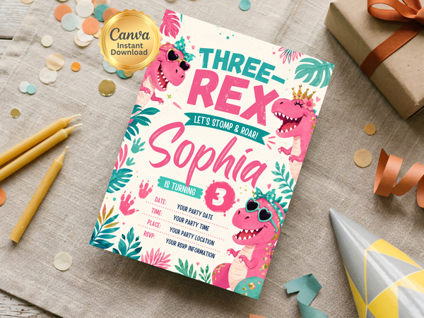 Three Rex dinosaur party invitation featuring illustrated dinosaurs and colorful birthday accents