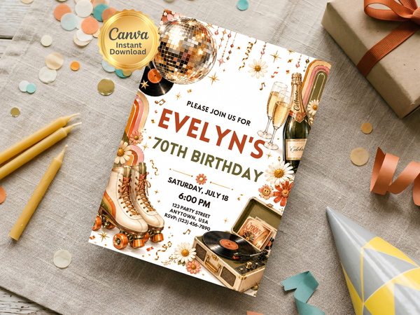 Adult birthday invitation template in a nostalgic disco style, featuring roller skates, vinyl records, champagne, flowers and musical motifs.