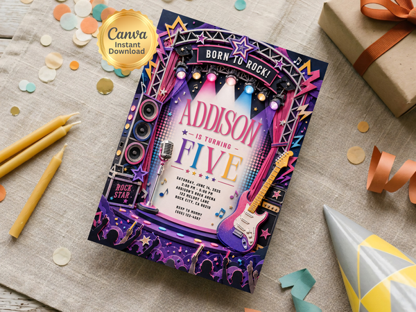 Rock star birthday party template with concert-stage artwork, multicolor spotlights, stars, guitars and cheering crowd silhouettes.