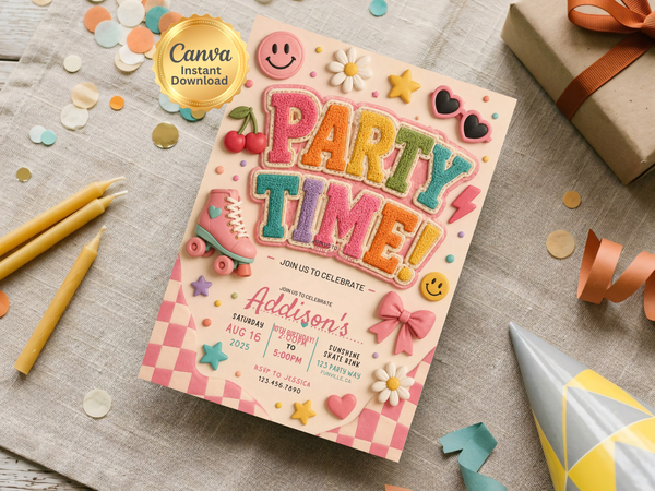 Retro roller skate birthday invite design with bold Party Time typography, colorful dots, checkerboard patterning, stars, and heart accents.