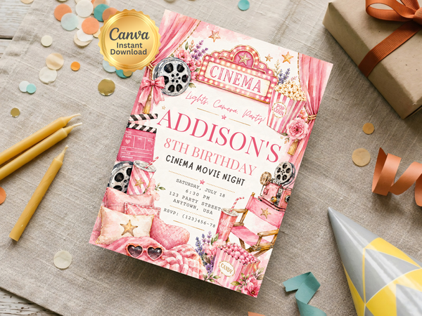 Editable cinema birthday invitation design with pink curtains, glowing marquee, movie reels, popcorn, film camera and playful star details