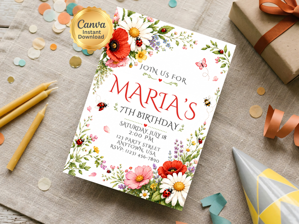 Garden birthday invitation template with a colorful wildflower border, botanical foliage and whimsical butterfly, ladybug and bee details.