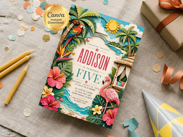 Flamingo tropical birthday party invitation preview with palm foliage, hibiscus flowers, lagoon, sandy shoreline and cheerful island details