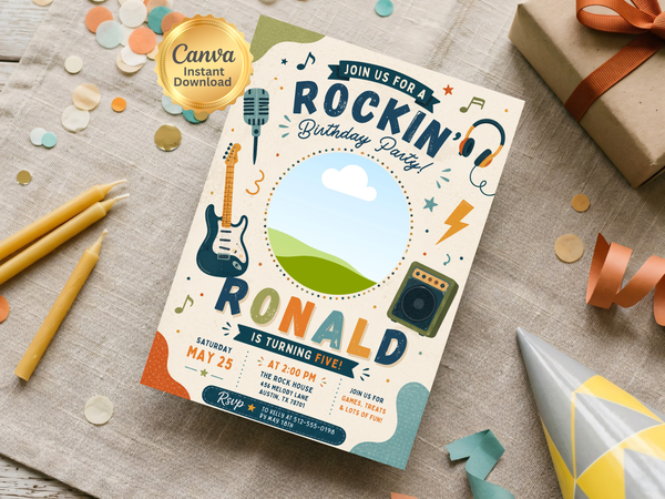 Rock star birthday party invitation featuring a microphone, electric guitar, headphones, amplifier and colorful decorative accents.