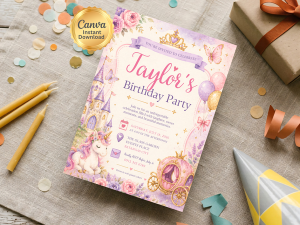 Watercolor fairytale birthday invitation with a pastel castle, unicorn, ornate carriage, crown, flowers, and butterfly accents.