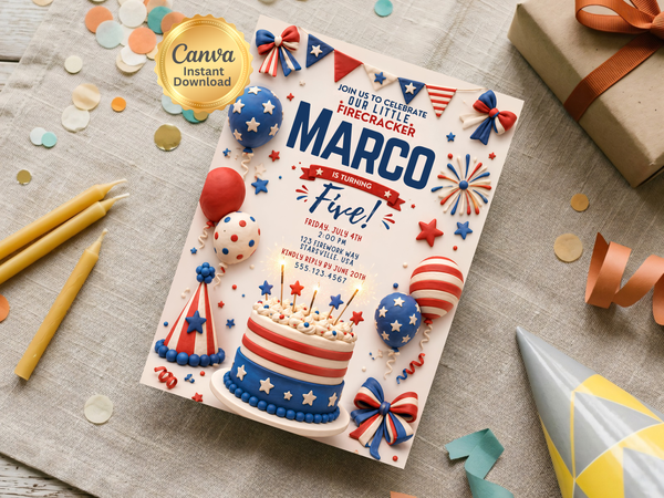 Red white and blue birthday invitation for a Fourth of July party, featuring star motifs, patriotic balloons, firecrackers, bunting, confetti and a birthday cake.
