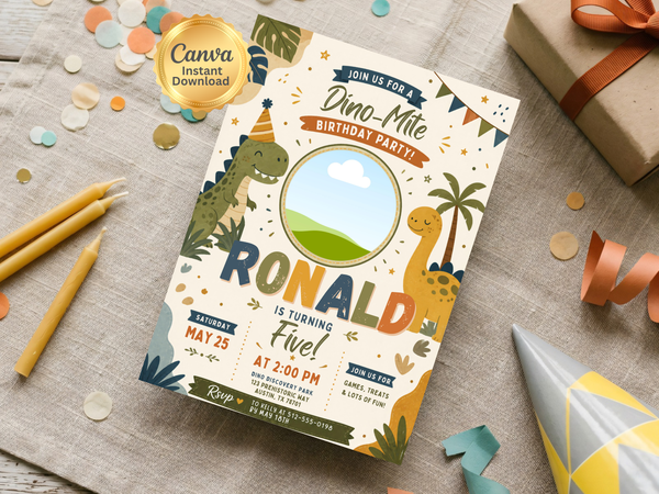 Dinosaur birthday invite template in an earthy green, cream, brown and warm gold palette with T-Rex artwork and playful party motifs