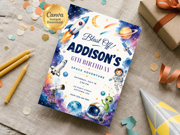 Space rocket birthday template with watercolor cosmic scenery, planets, stars, astronaut details, and a playful kids party aesthetic