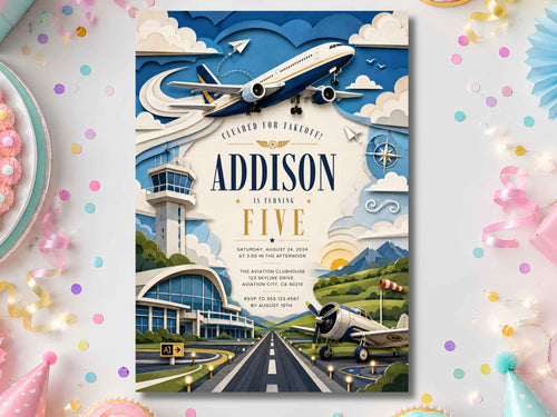 Airplane Birthday Invitation Template | Editable Canva