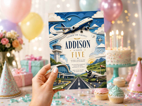Airplane Birthday Invitation Template | Editable Canva