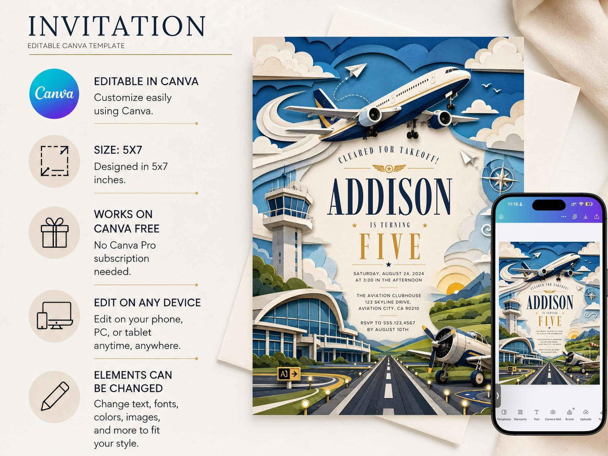 Airplane Birthday Invitation Template | Editable Canva