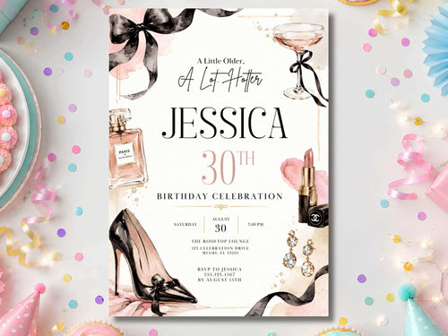 Black bow glam birthday invitation template product preview showing the full black-and-blush editorial invitation with bows, champagne and beauty accents.