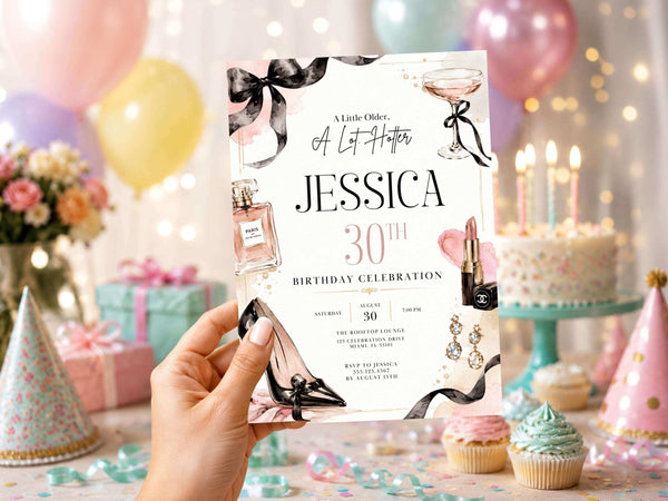 Black bow glam birthday invitation template preview page showing the elegant black bow and blush fashion-inspired invitation design.