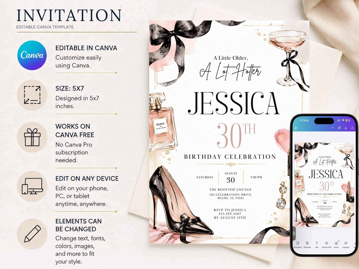 Black Bow Glam Birthday Invitation – Editable Canva Template