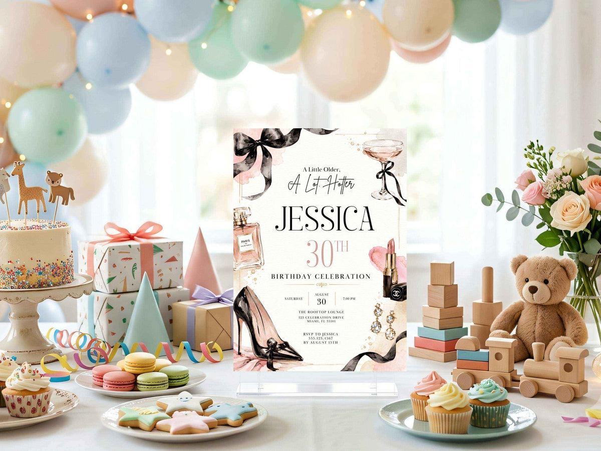 Black Bow Glam Birthday Invitation – Editable Canva Template