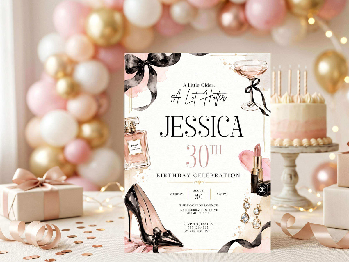 Black bow glam birthday invitation template preview showing the chic editorial watercolor aesthetic and elegant black-and-blush palette.