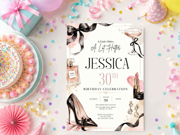 Black Bow Glam Birthday Invitation – Editable Canva Template