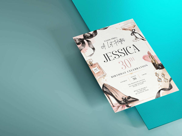 Black bow glam birthday invitation template preview featuring the luxury birthday theme, blush accents, black bows and elegant beauty motifs.