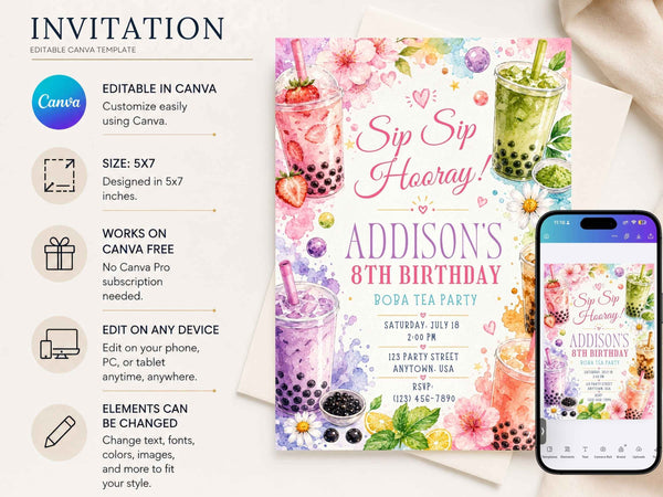 Boba Tea Birthday Invitation Template | Editable Canva