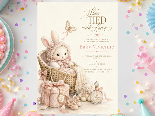 Bunny baby shower invitation template featuring a plush bunny in a woven basket, blush bow, ribbons, butterfly, baby shoes, gift box and cream nursery styling.