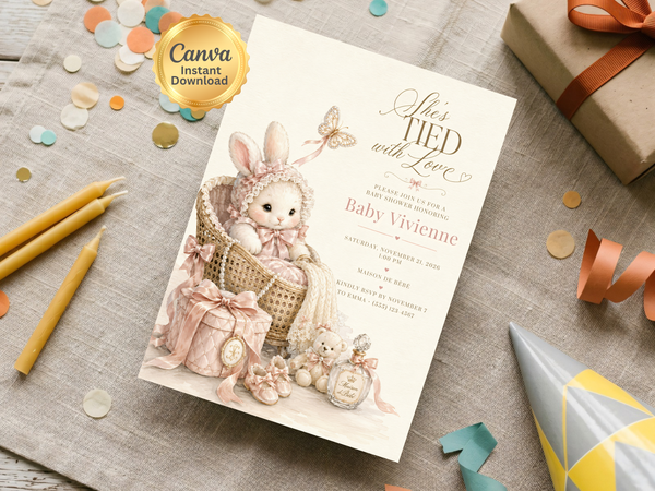 Editable Canva bunny baby shower invitation artwork featuring a plush bunny, woven basket, blush bows, baby shoes, gift box and delicate nursery stationery details.