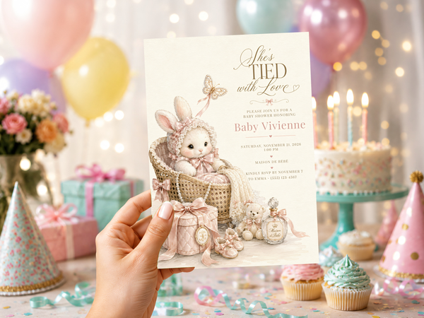 Elegant bunny baby shower invitation with a plush white rabbit in a woven basket, soft blush bows, delicate ribbons and warm cream, peach and beige nursery details.