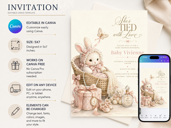 Rabbit-themed baby shower invitation design showing a plush bunny, woven basket, blush ribbons, butterfly accent, baby accessories and refined script typography.