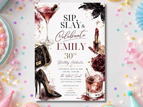Burgundy Glam Birthday Invitation | Editable Canva Template