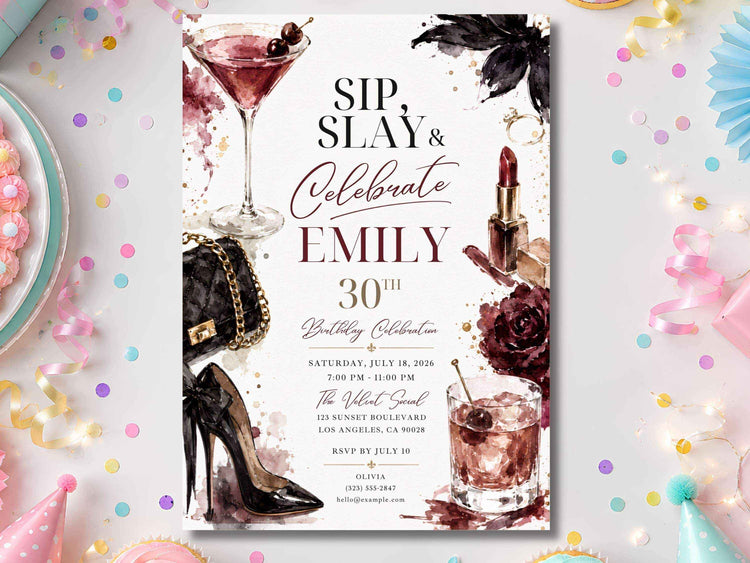 Burgundy Glam Birthday Invitation | Editable Canva Template