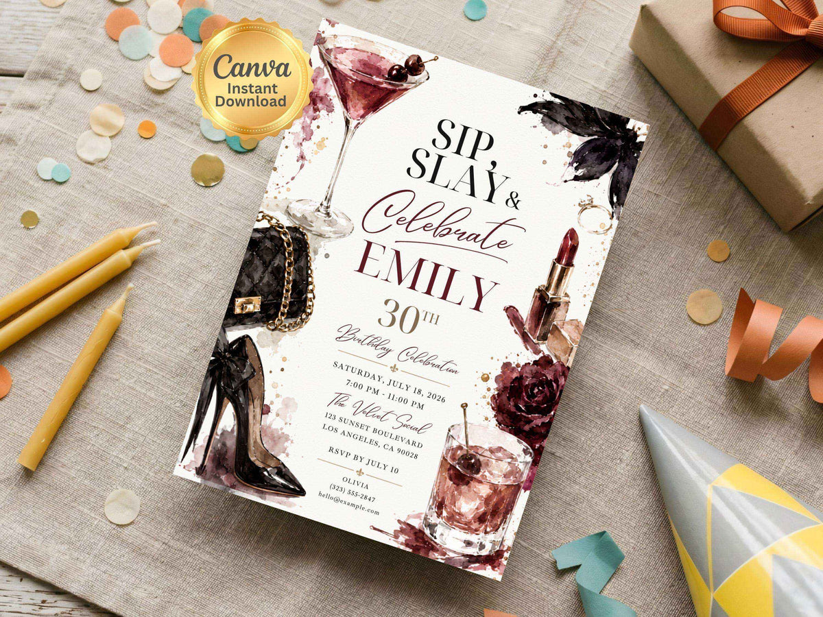 Burgundy Glam Birthday Invitation | Editable Canva Template