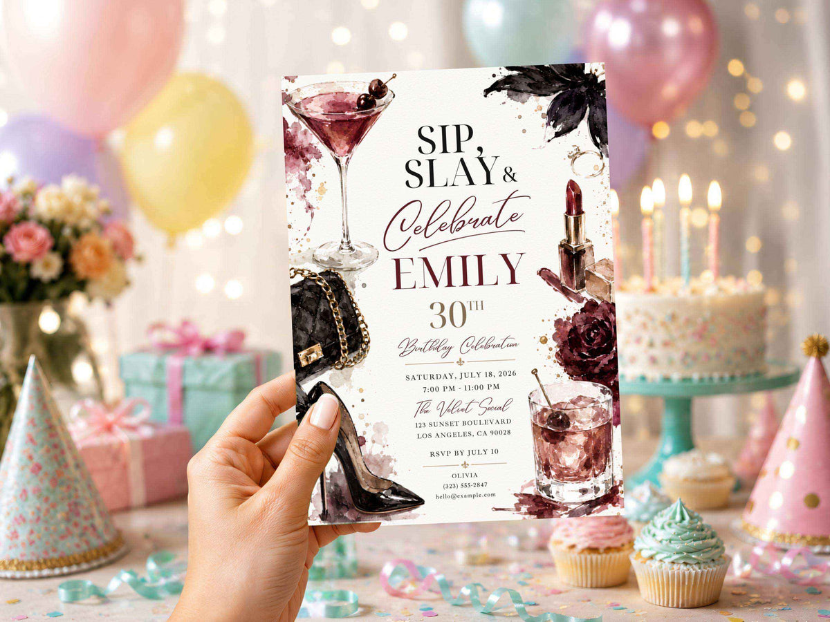 Burgundy Glam Birthday Invitation | Editable Canva Template