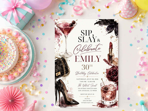 Burgundy Glam Birthday Invitation | Editable Canva Template