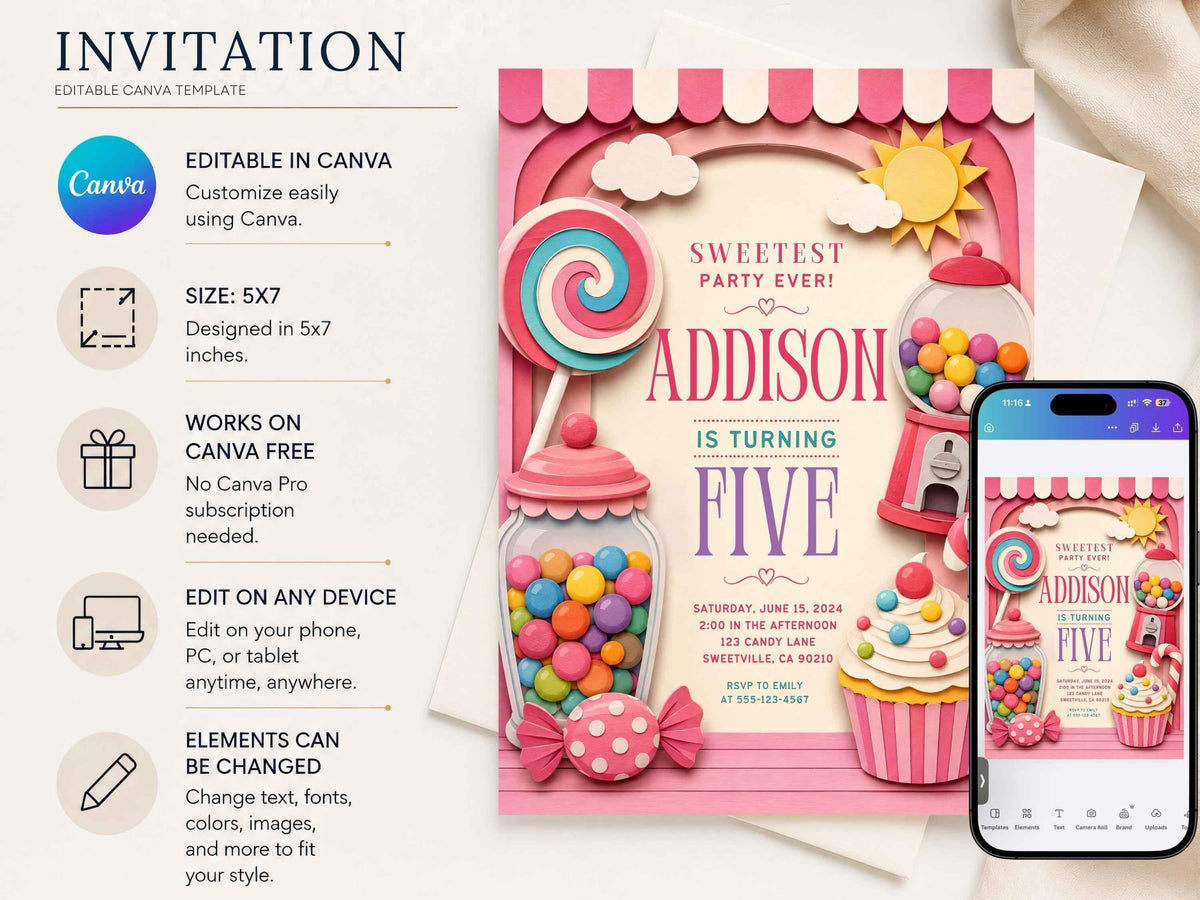 Candy Birthday Invitation – Editable Canva Template